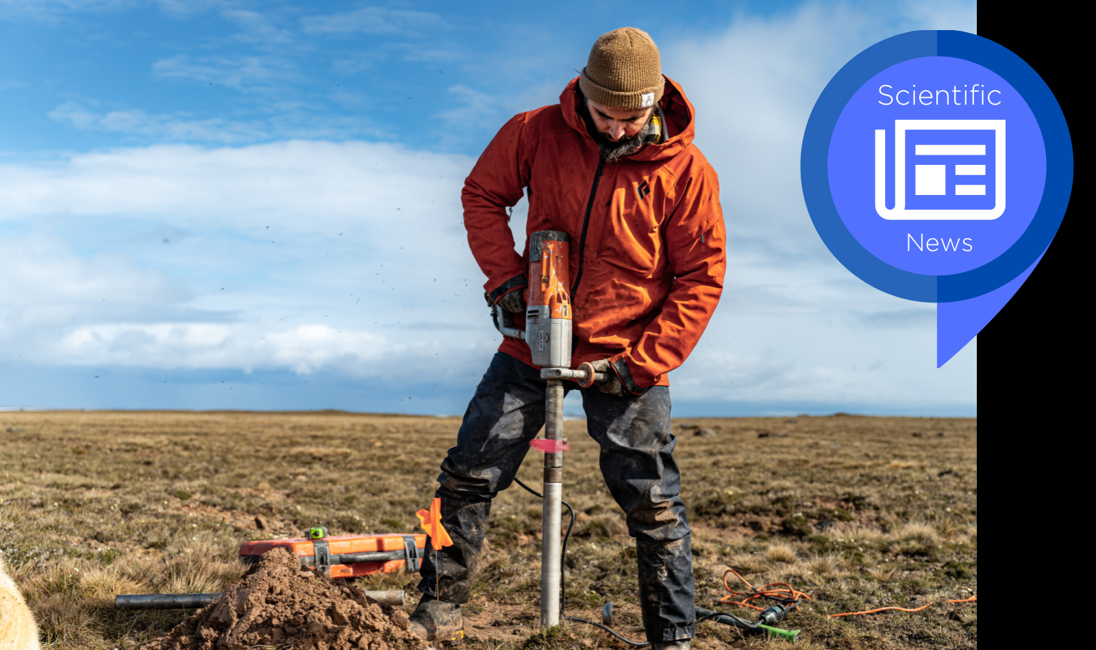 Frédéric Bouchard taking a permafrost core sample at Ikakultutiak, near Cambridge Bay